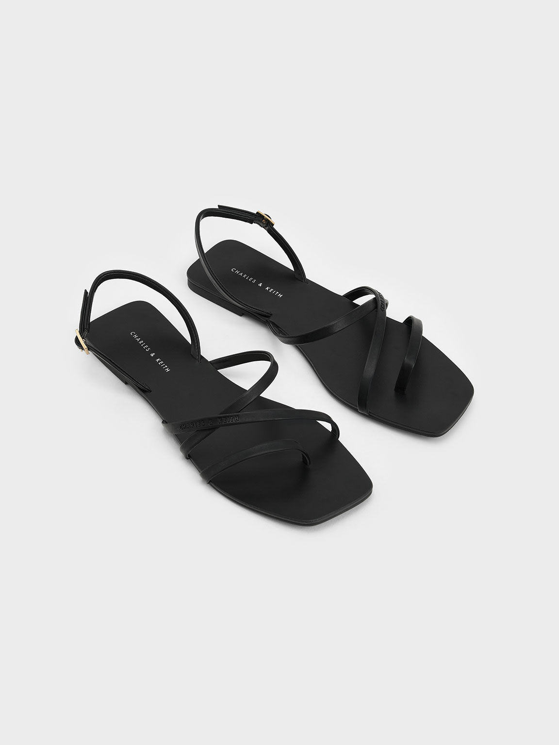 Giày sandals nữ quai mảnh Strappy Square Toe Slingback, Đen, hi-res