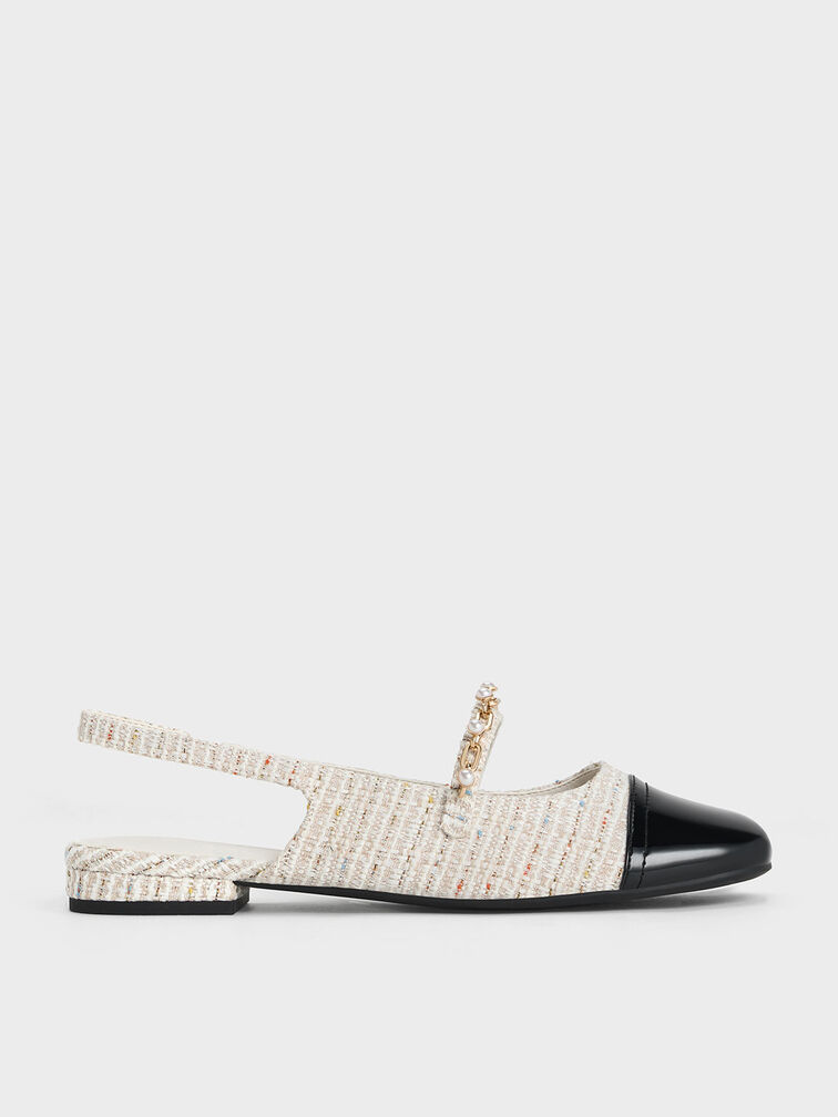 Giày búp bê mũi vuông Tweed Beaded Chain-Link Slingback, Kem, hi-res
