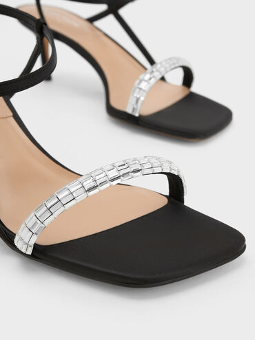 Recycled Polyester Gem-Embellished Ankle-Strap Sandals, Black Textured, hi-res