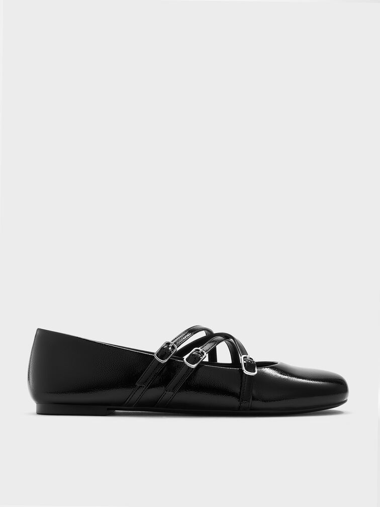 Patent Triple-Strap Crossover Mary Jane Flats, Black Patent, hi-res