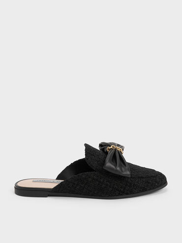 Tweed Chain-Link Bow Loafer Mules, Black Textured, hi-res