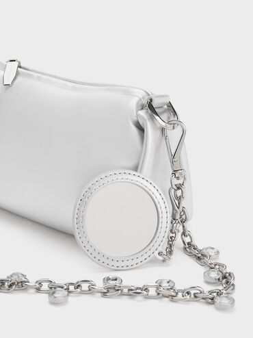 Embellished Chain Handle Leather Crossbody Bag, Silver, hi-res