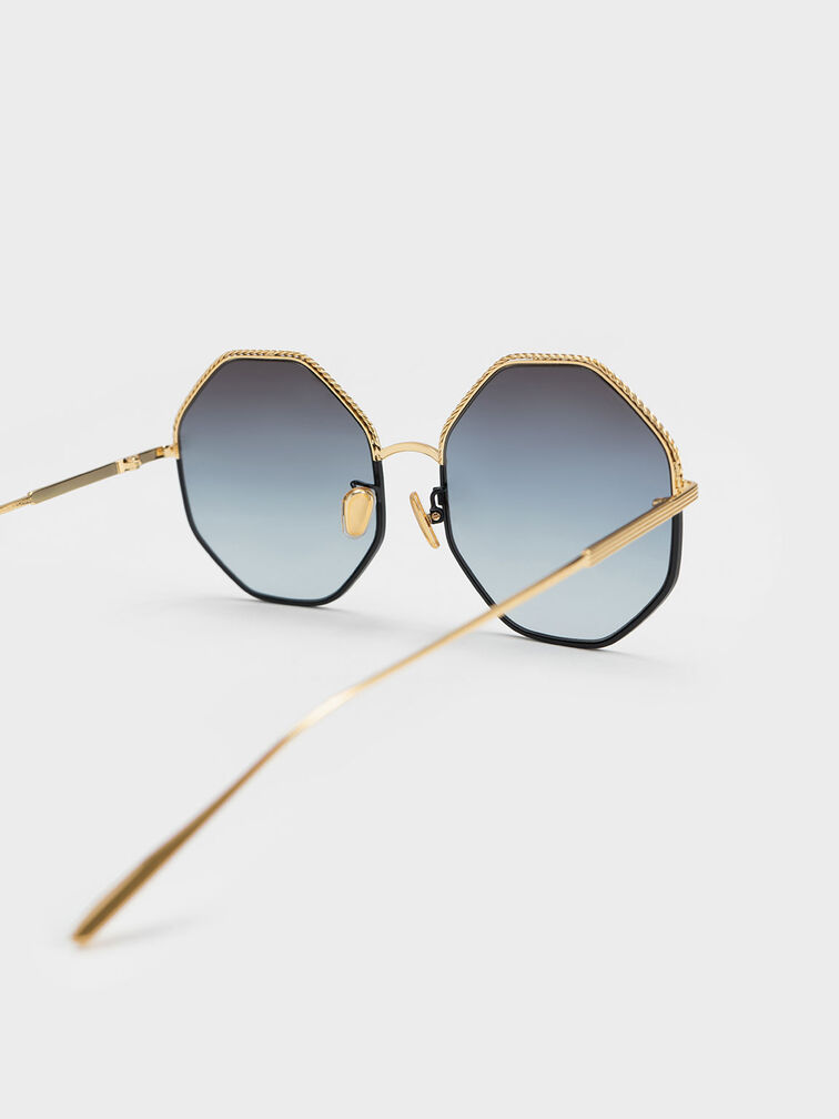 Hexagonal Wire-Frame Sunglasses, Black, hi-res