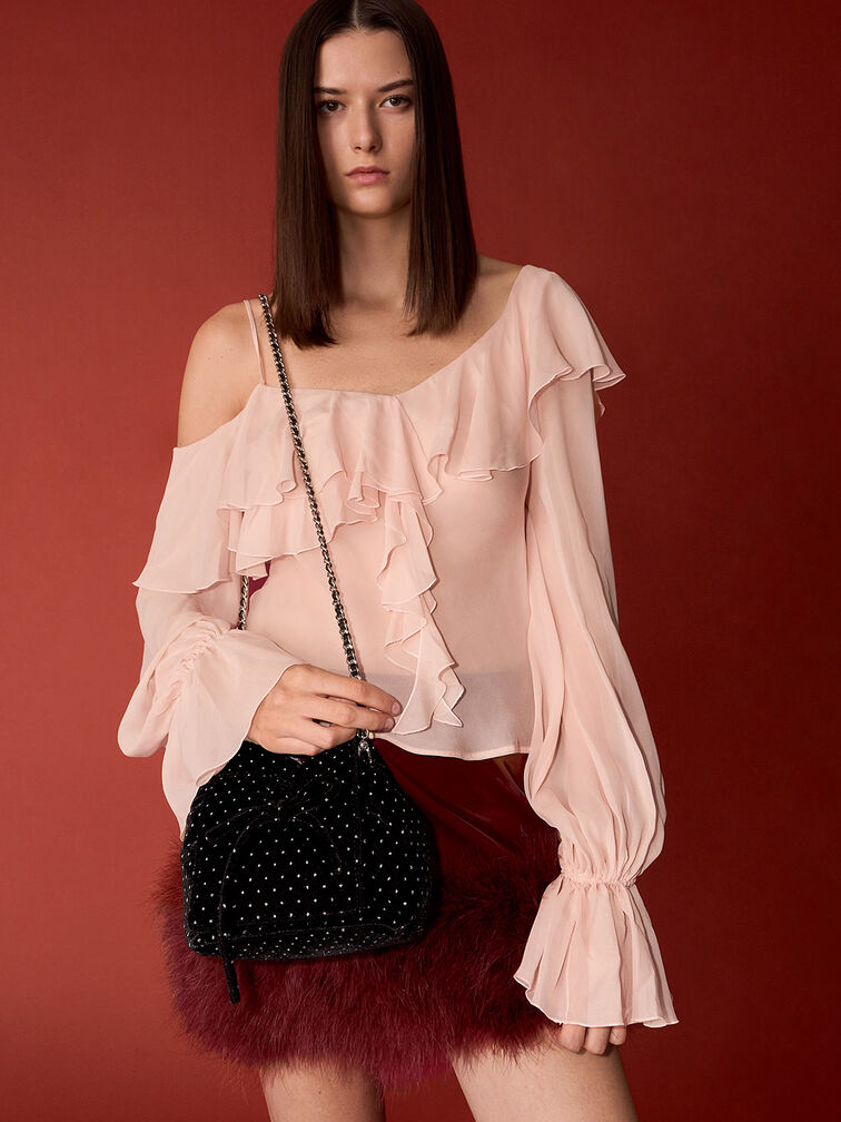 T&uacute;i x&aacute;ch h&igrave;nh thang Velvet Dotted Bow Ruched, Đen họa tiết, hi-res