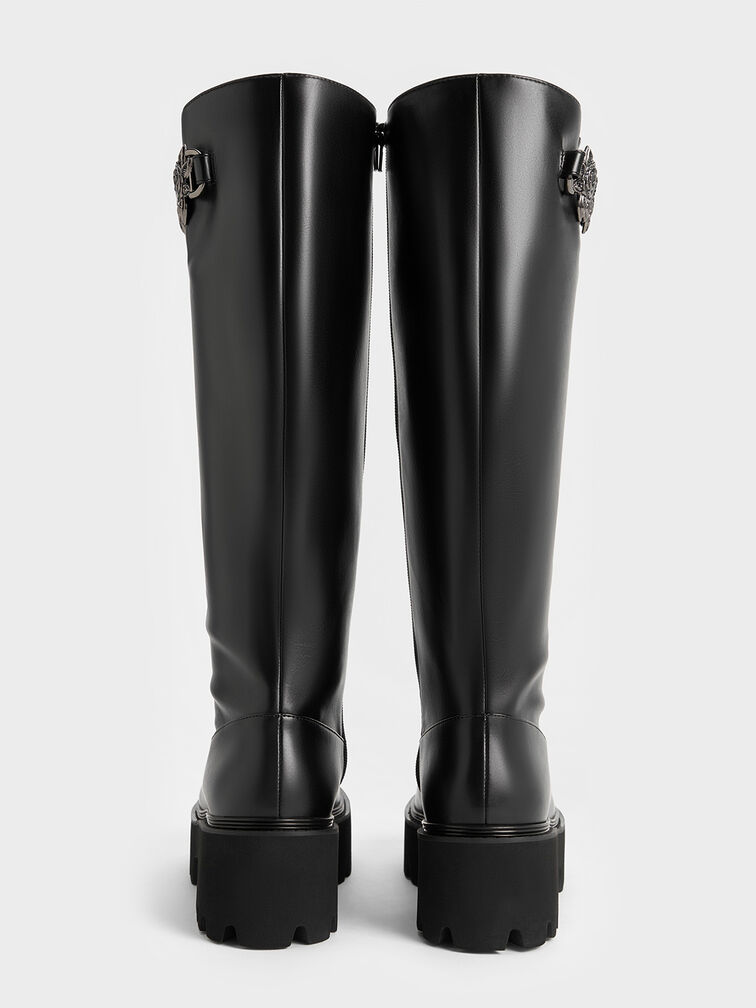 Imogen Rose-Motif Chunky Knee-High Boots, Black, hi-res