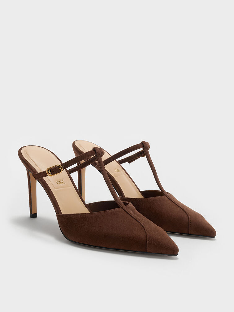 Suede T-Bar Pointed Heeled Mules, Brown, hi-res