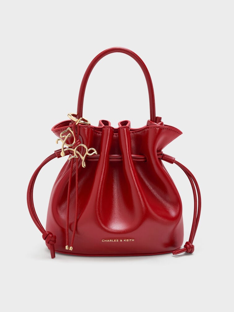 Sammie Horse-Motif Drawstring Bucket Bag, Tomato Red, hi-res