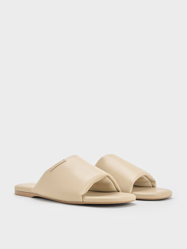 Puffy Wide-Strap Slide Sandals, Taupe, hi-res
