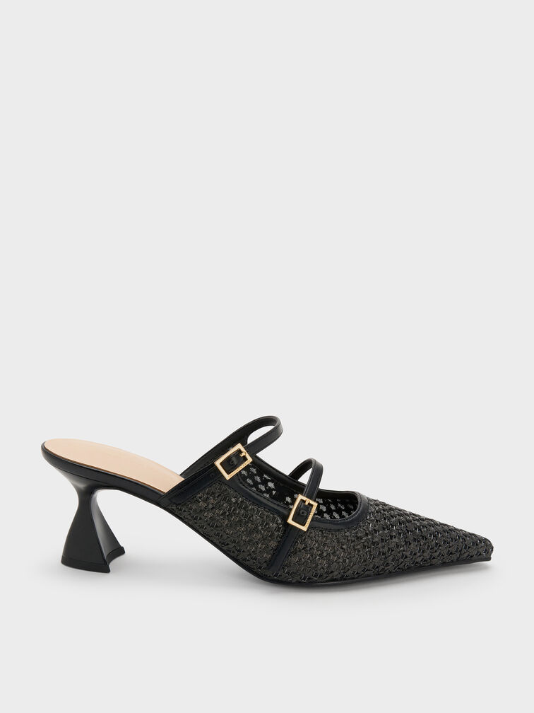 Gi&agrave;y mules cao g&oacute;t Raffia, Đen họa tiết, hi-res