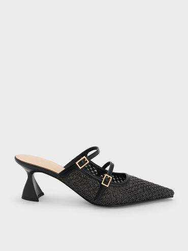 Gi&agrave;y mules cao g&oacute;t Raffia, Đen họa tiết, hi-res