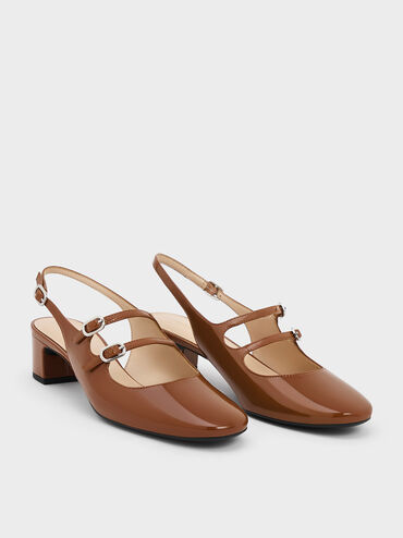 Clementine Double-Strap Slingback Mary Jane Pumps, Brown, hi-res
