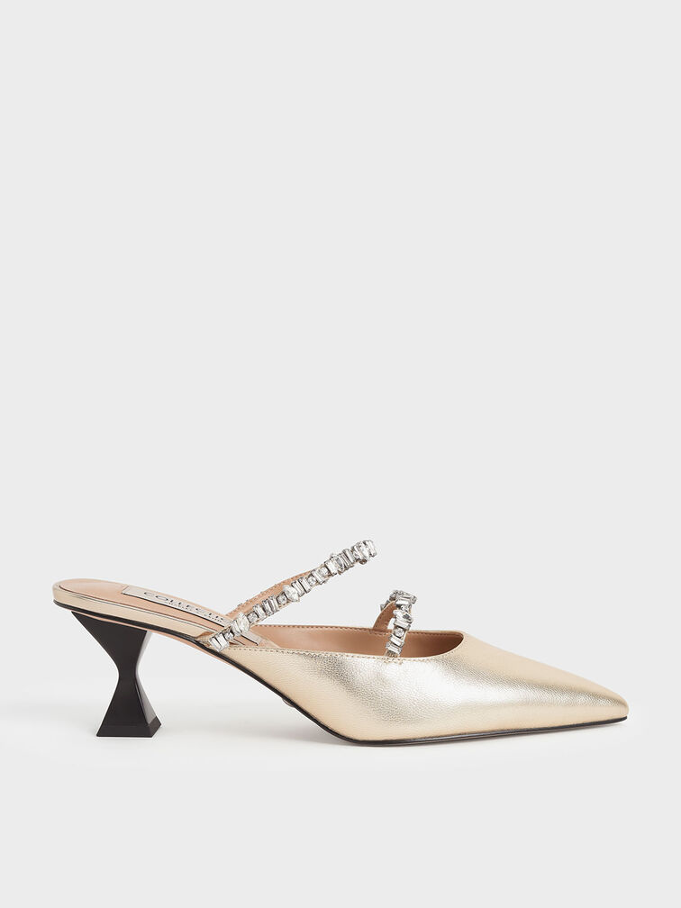 Metallic Leather Double Gem Strap Mules, Gold, hi-res
