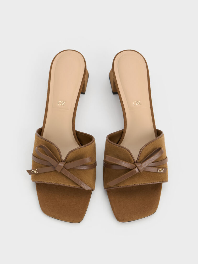 Leather & Suede Bow Heeled Mules, Brown, hi-res