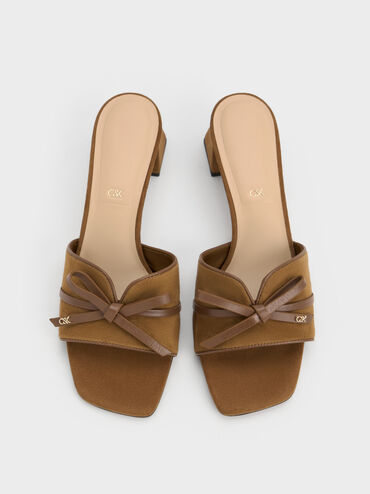 Leather & Suede Bow Heeled Mules, Brown, hi-res