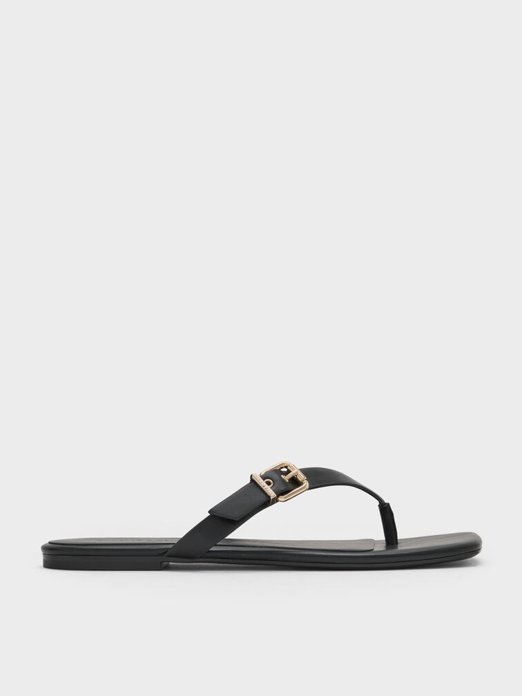Buckled Thong Sandals, Black, hi-res