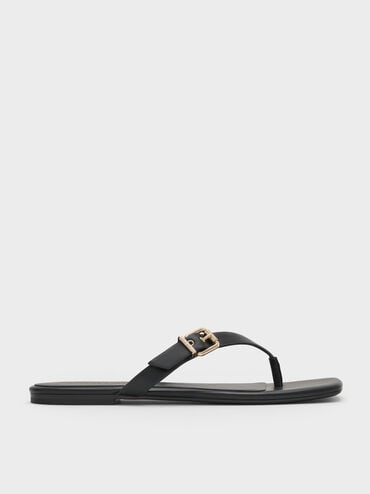 Buckled Thong Sandals, Black, hi-res