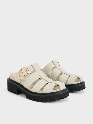 Gi&agrave;y mules mũi tr&ograve;n Interwoven Oval-Buckle, Phấn, hi-res