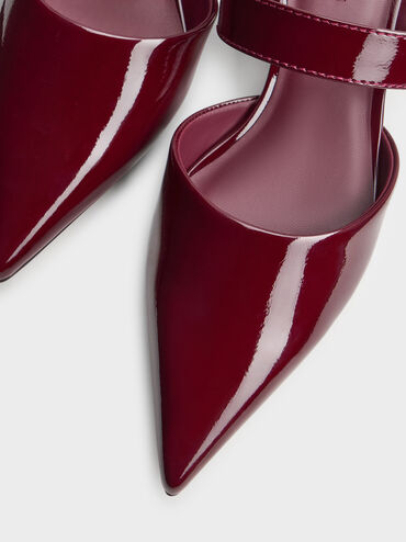 Patent Buckle-Strap Heeled Mules, Burgundy, hi-res