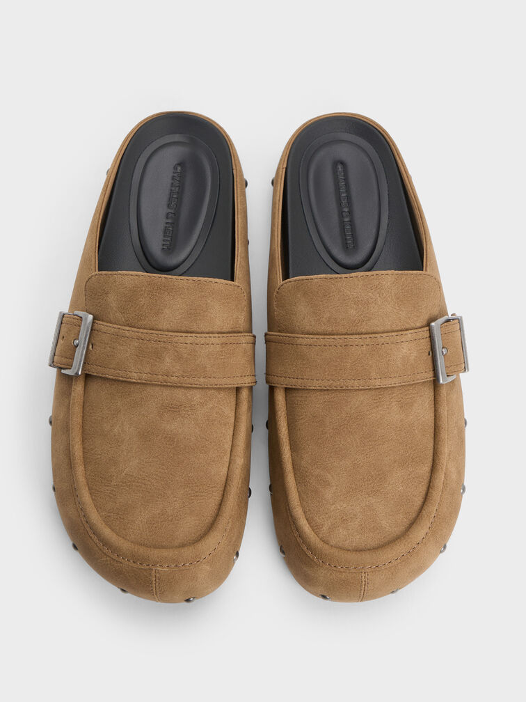 Studded Buckled Flat Mules, Sand, hi-res