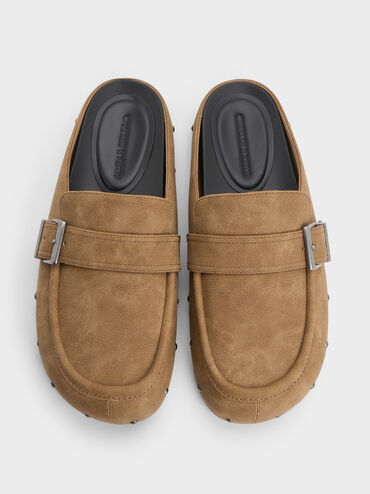 Studded Buckled Flat Mules, Sand, hi-res