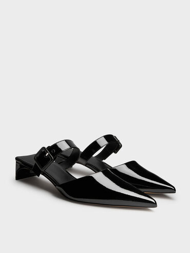 Patent Buckle-Strap Heeled Mules, Black Patent, hi-res