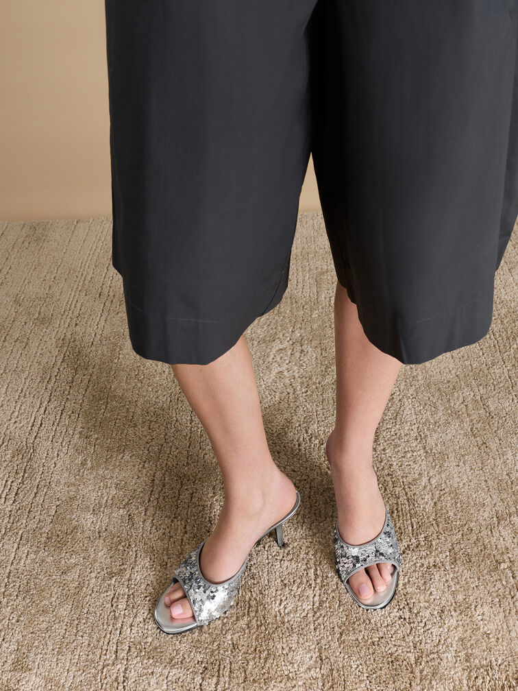 Sequinned Stiletto-Heel Mules, Silver, hi-res