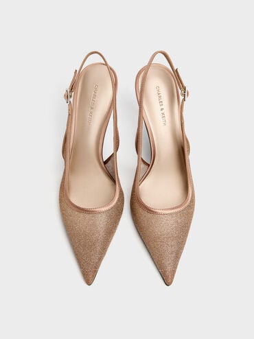 Glittered Mesh Pointed Slingback Pumps, Brown, hi-res