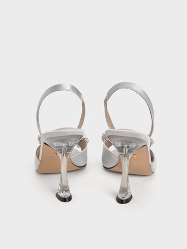 Giày cao gót hở ngón Recycled Polyester Beaded Bow, Bạc, hi-res