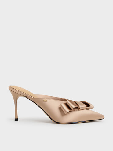 Pleated-Bow Pointed Heeled Mules, Nude, hi-res