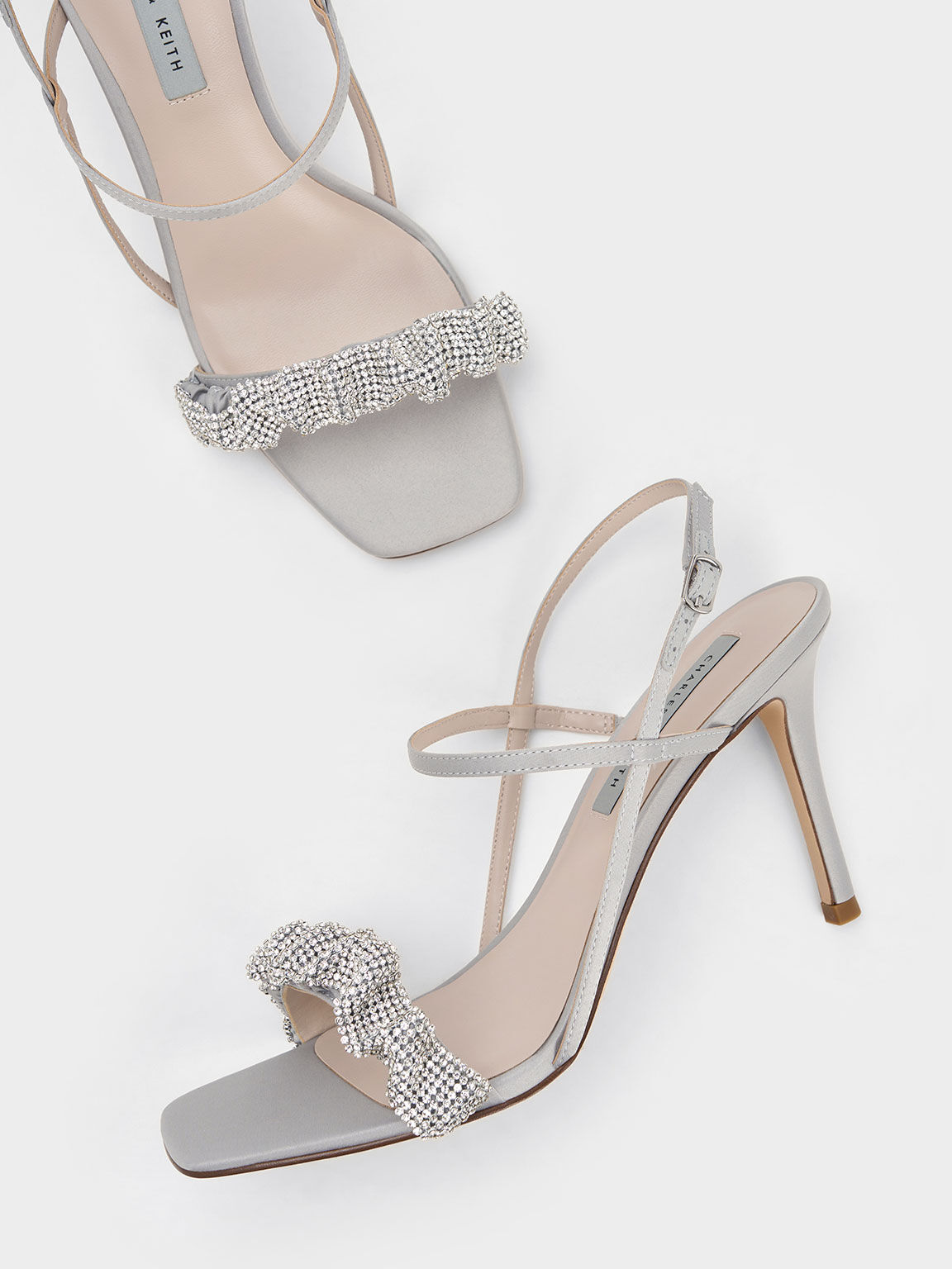 Gem-Embellished Satin Stiletto Sandals, Grey, hi-res