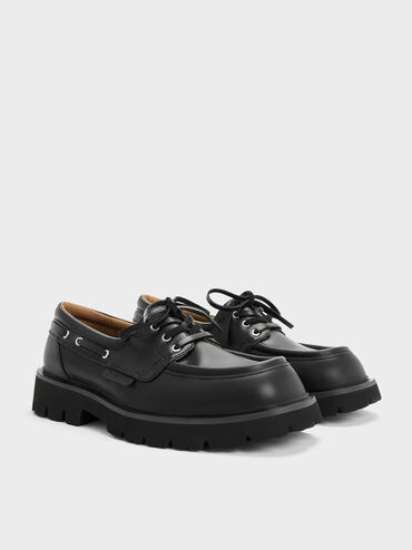 Ridged-Sole Boat Shoes, Black, hi-res