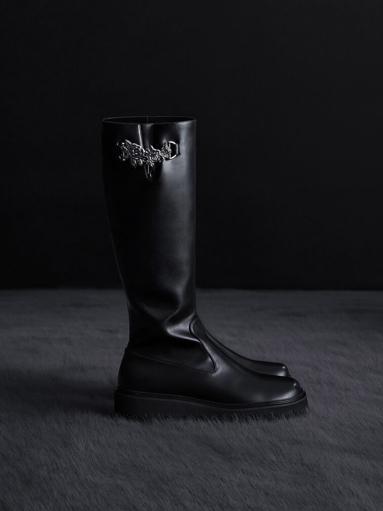 Imogen Rose-Motif Chunky Knee-High Boots, Black, hi-res