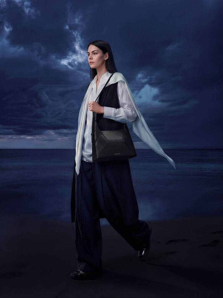 Nasrin Geometric Hobo Bag, Noir, hi-res