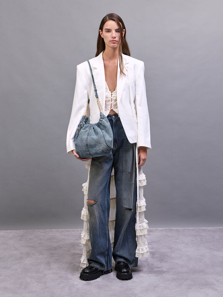 Ciara Denim Ruched Hobo Bag, Denim Blue, hi-res