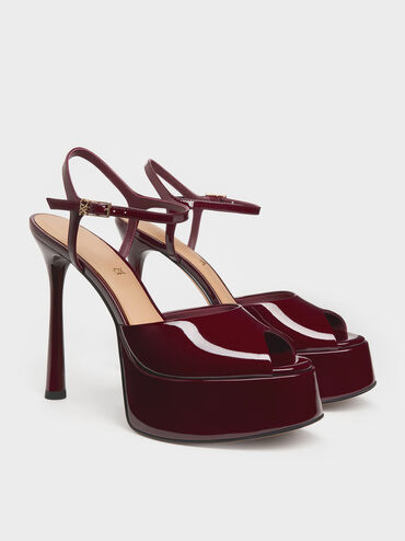 Francesca Patent Leather Peep-Toe Platform Heels, Burgundy, hi-res
