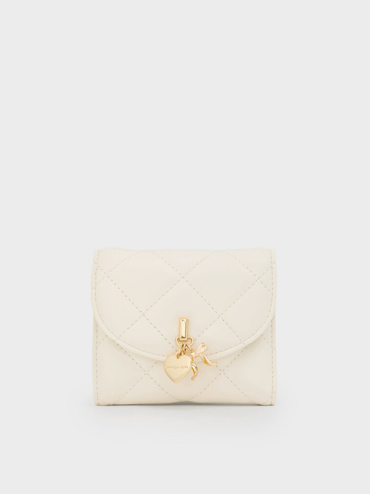 Arrietty Quilted Bow-Heart Charm Curved-Flap Wallet, Cream, hi-res