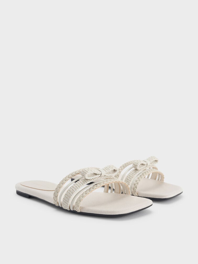 Kaleen Woven-Bow Slide Sandals, Chalk, hi-res