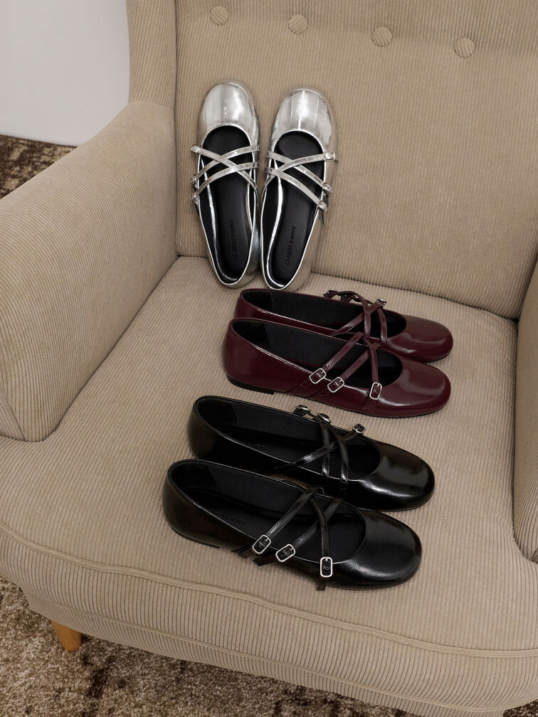 Patent Triple-Strap Crossover Mary Jane Flats, Burgundy, hi-res
