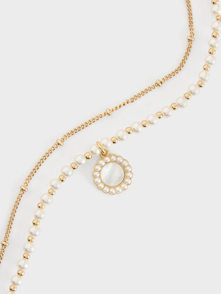 Pearl & Gemstone Double-Chain Necklace, White, hi-res