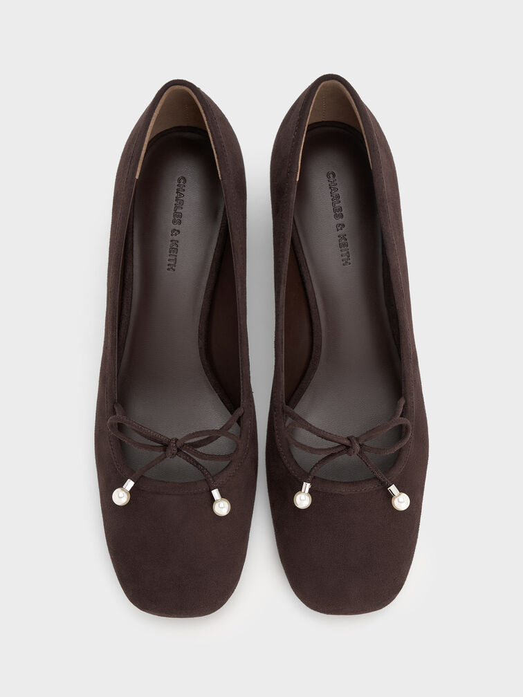 Barbara Faux Suede Pearl-Embellished Bow Ballet Pumps, Dark Brown Textured, hi-res