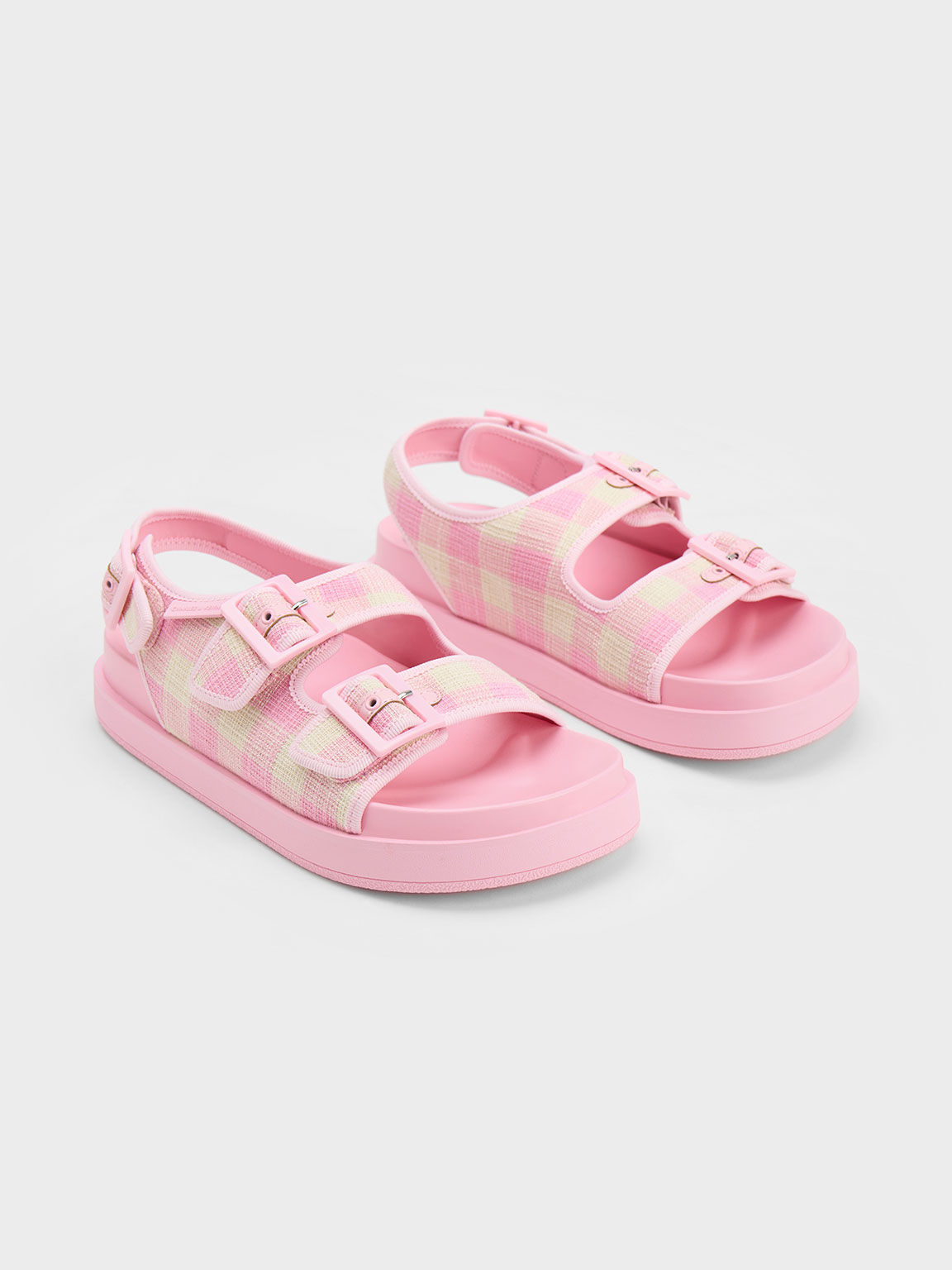 Gingham Buckled Flatform Sandals, Light Pink, hi-res