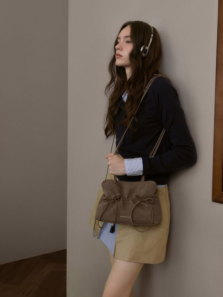 Reese Ruched Bow Shoulder Bag, Stone Grey, hi-res