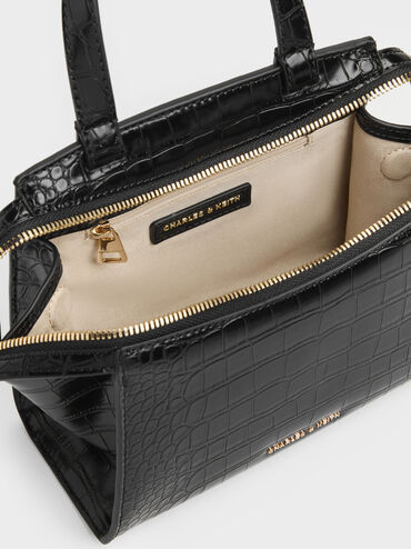 Pansy Trapeze Croc-Effect Top Handle Bag, Black, hi-res