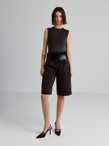 Helena Pearl-Buckle Pointed-Toe Slingback Pumps, Black Boxed, hi-res