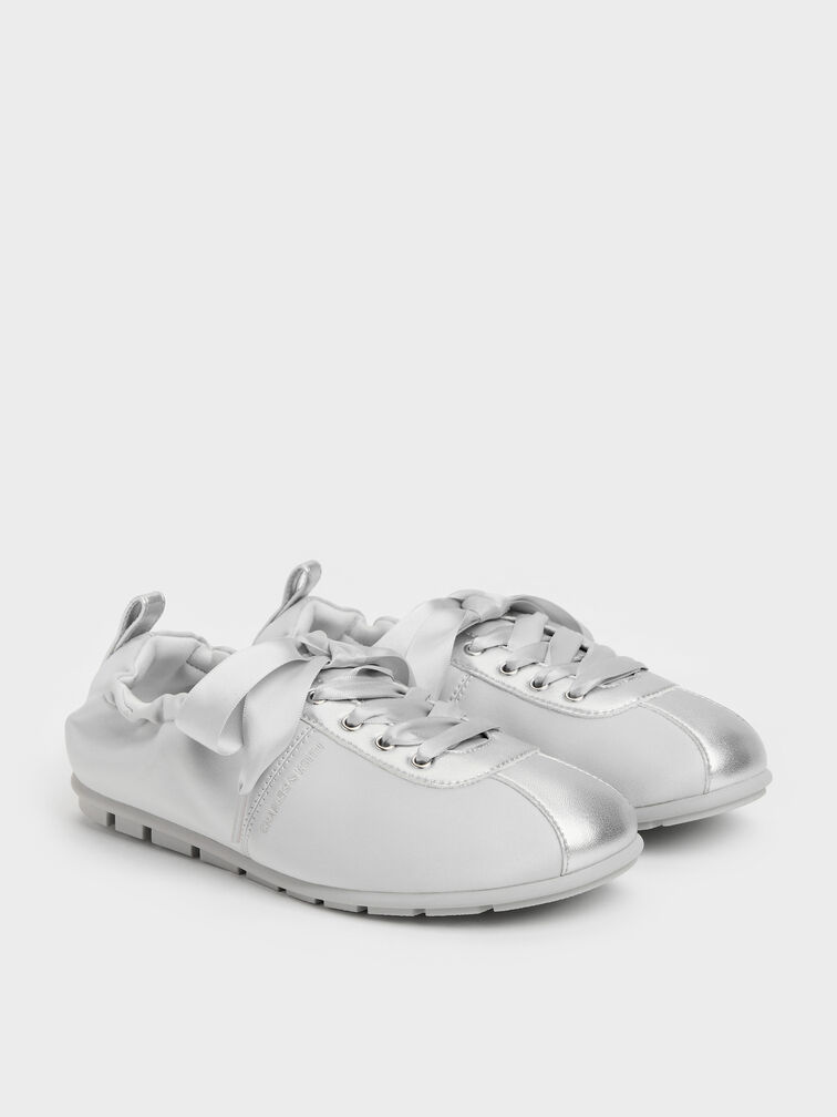 Girls' Satin Pearlescent Sneakers, Silver, hi-res