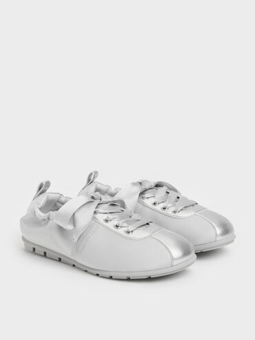 Girls' Satin Pearlescent Sneakers, Silver, hi-res