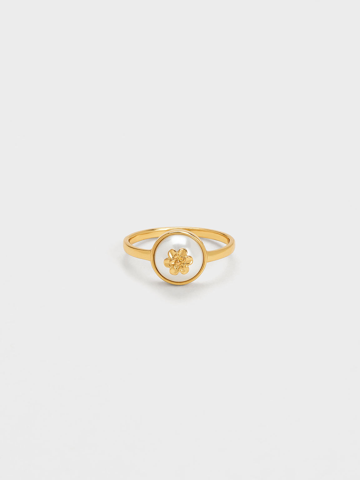 Flower-Embellished Pearl Ring, Gold, hi-res