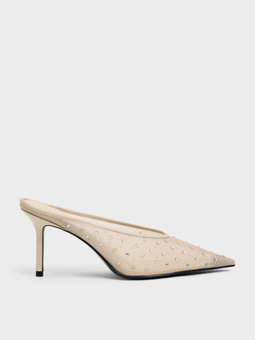 Mesh Crystal Pointed Heeled Mules, Beige, hi-res