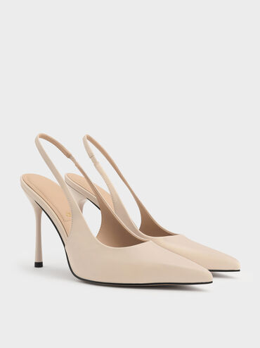 Leather Slingback Stiletto Pumps, Oat, hi-res