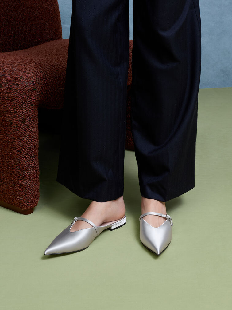 Gi&agrave;y mules mũi nhọn Satin Teardrop-Crystal, Bạc, hi-res
